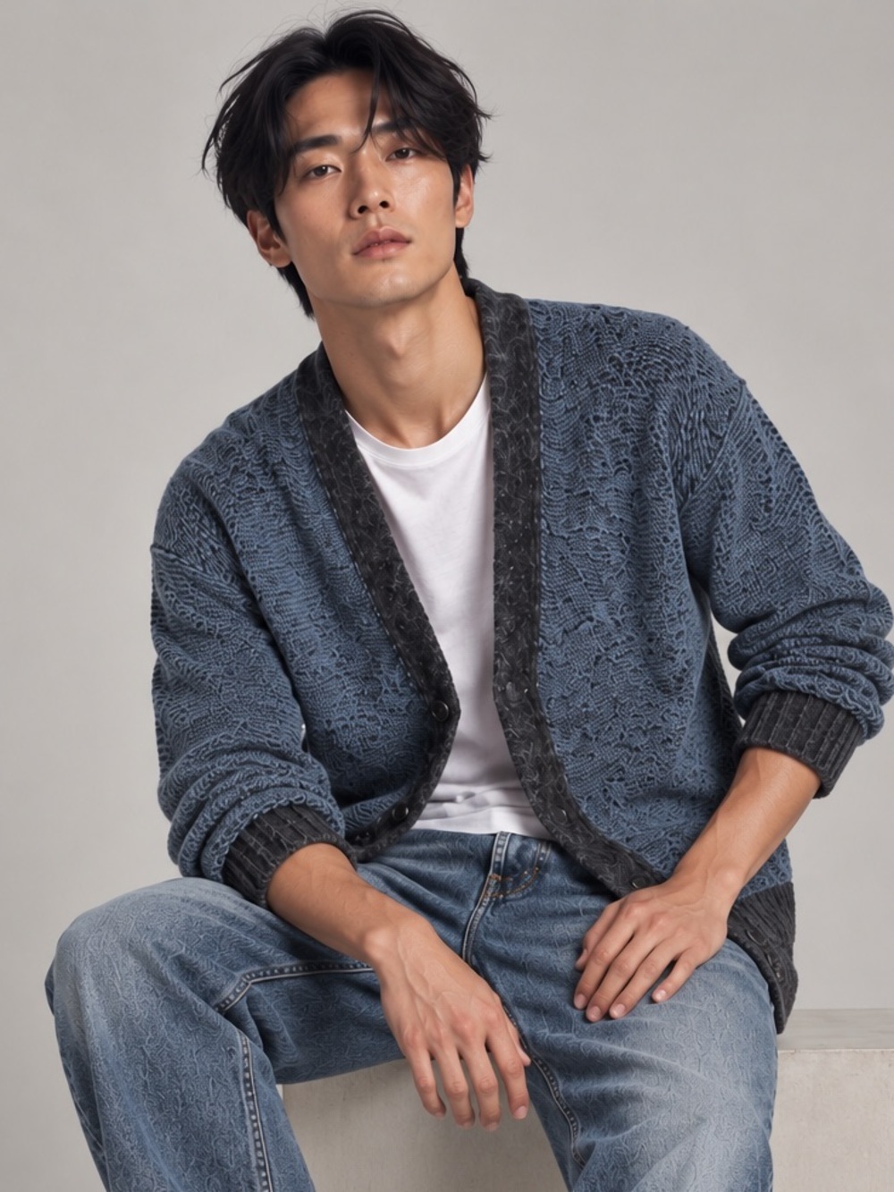 COS Men’s Grandpa Wool Blend Blue and Gray Open Cardigan with Dark Trim Sz XXL